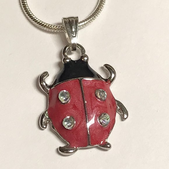 Ladybug Pendant Necklace Crystal Silver Plated 18" Chain Insect Red Enamel - Picture 7 of 12